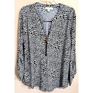 Michael Michael Kors Women's XL Half Zip Button Tab Sleeve V-Neck Multicolor Top